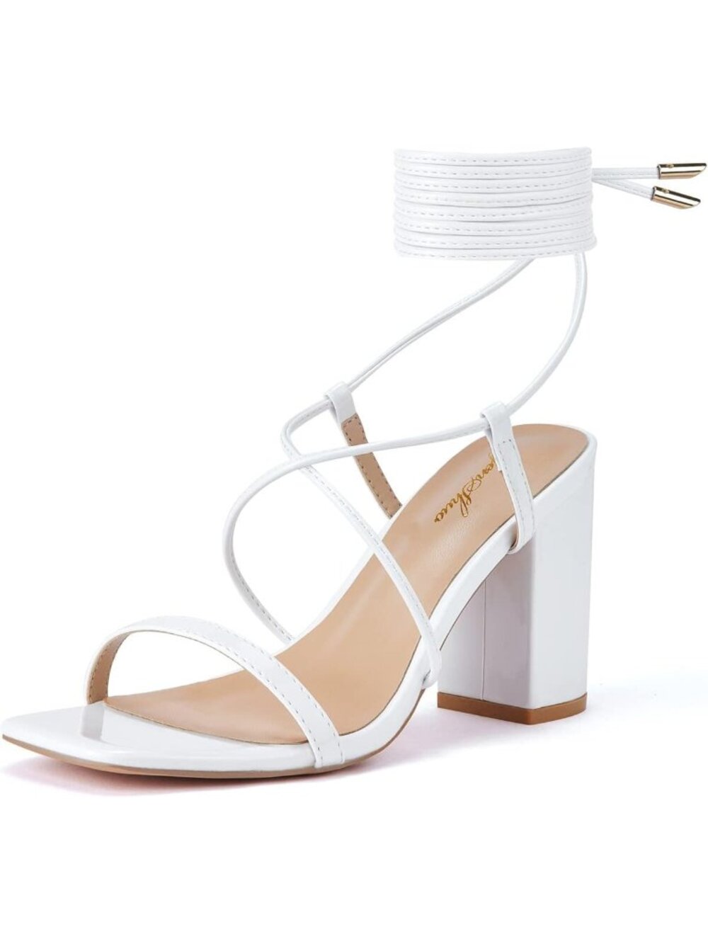 Women's Square Toe Sandals White Lace up Chunky High Heels Strappy Block Heel